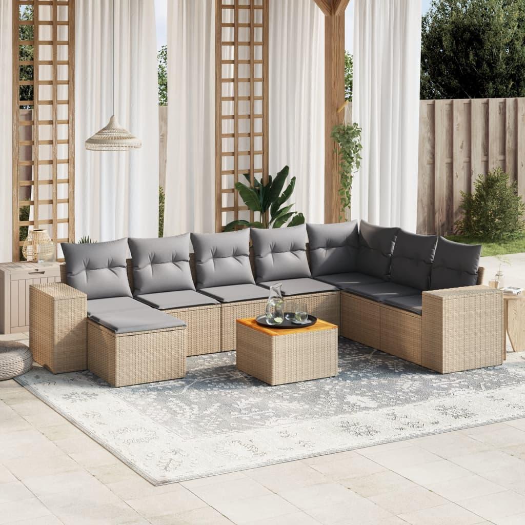 Sofasæt til haven i polyrattan, 9 dele med hynder - beige