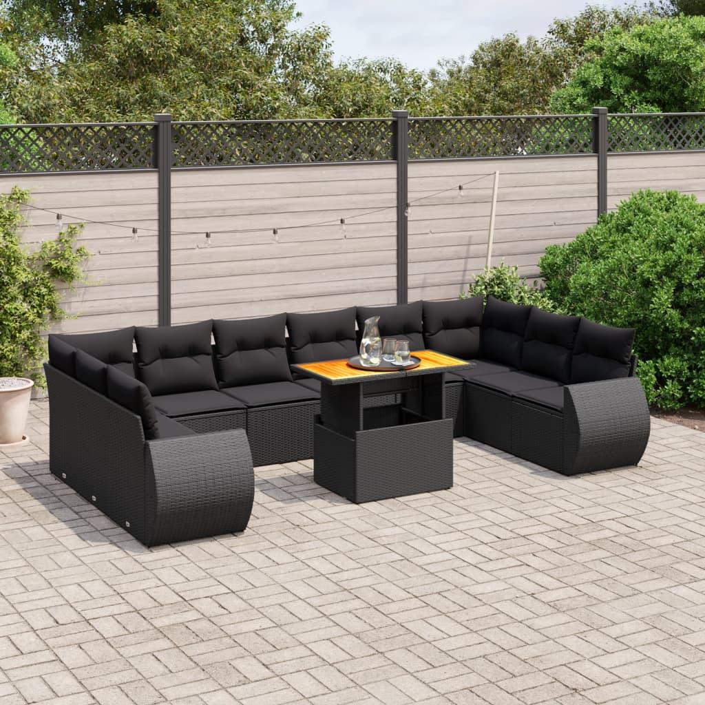 Sofasæt Til Haven 11 Dele Med Hynder Polyrattan - Sort / 6x midterdel 4x hjørnedel bord