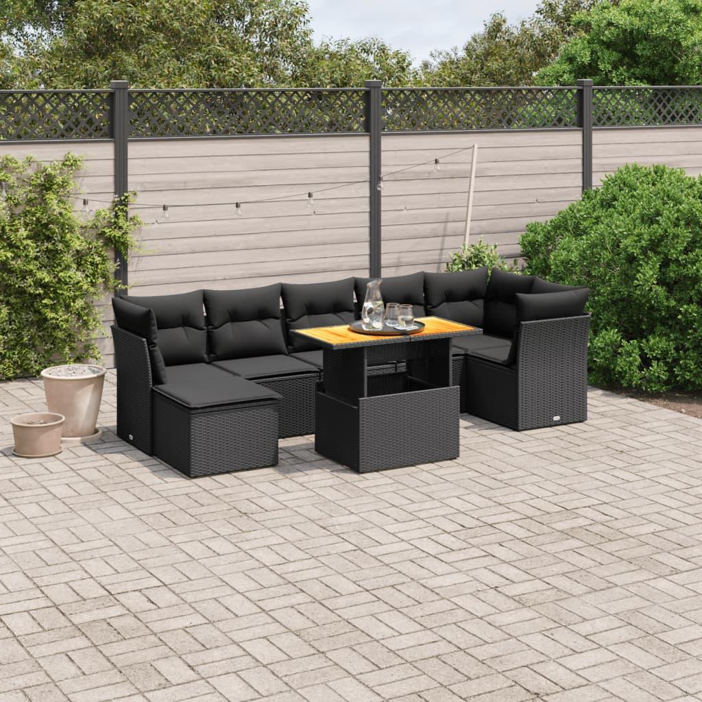 Sofasæt til haven i polyrattan - 8 dele med hynder, sort