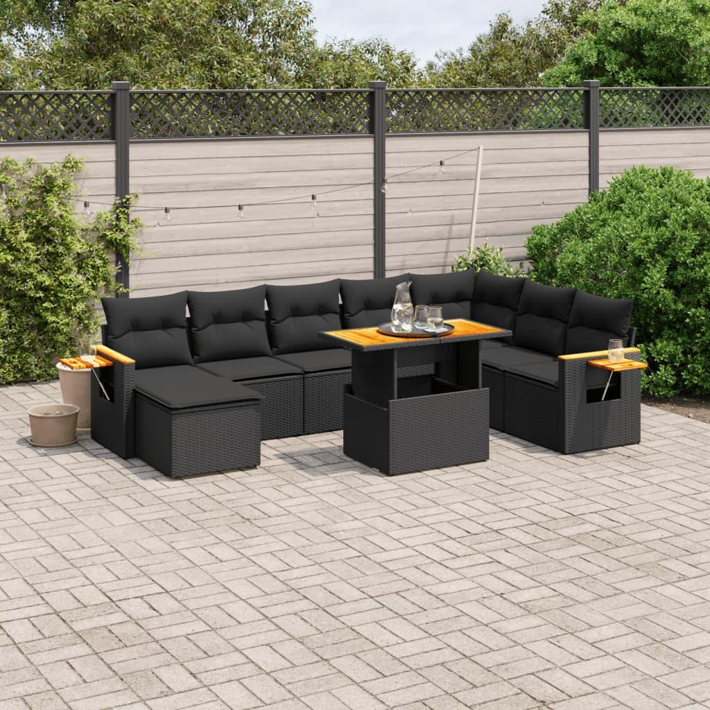 Sofasæt til haven i polyrattan - 8 dele med hynder, sort
