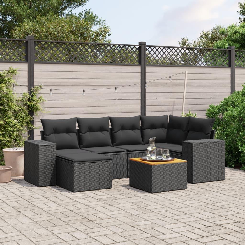 Sofasæt til haven i polyrattan - 7 dele med hynder, sort