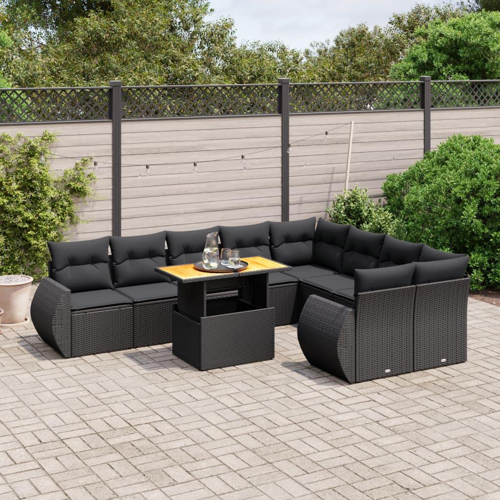 Sofasæt Til Haven 10 Dele Med Hynder Polyrattan - Sort / 4x hjørnedel 5x midterdel bord