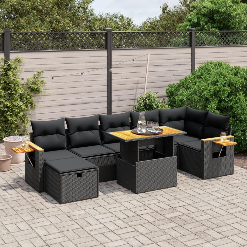 Sofasæt til haven i polyrattan - 8 dele med hynder, sort