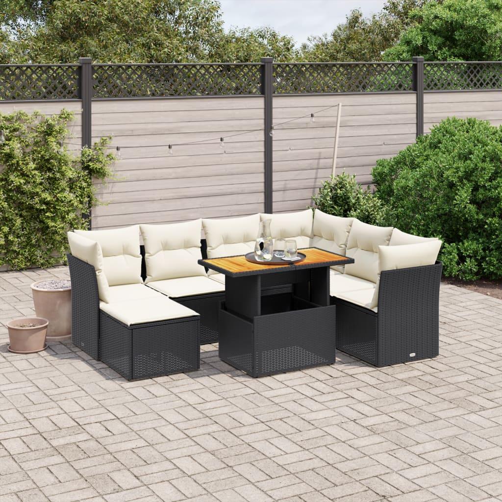 Havesofasæt i polyrattan - 8 dele med hynder, sort