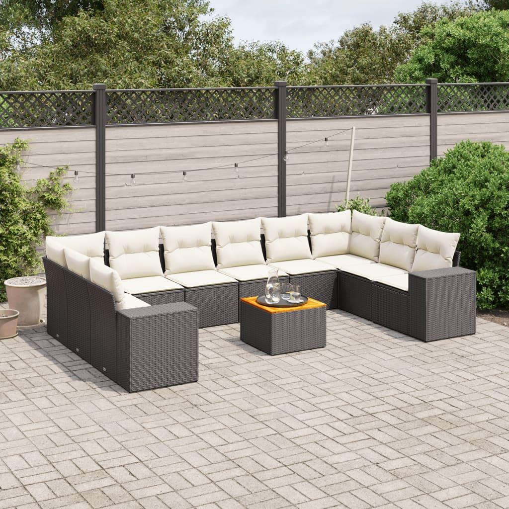 Sofasæt Til Haven 11 Dele Med Hynder Polyrattan - Sort og cremefarvet / 2x hjørnedel 6x midterdel bord