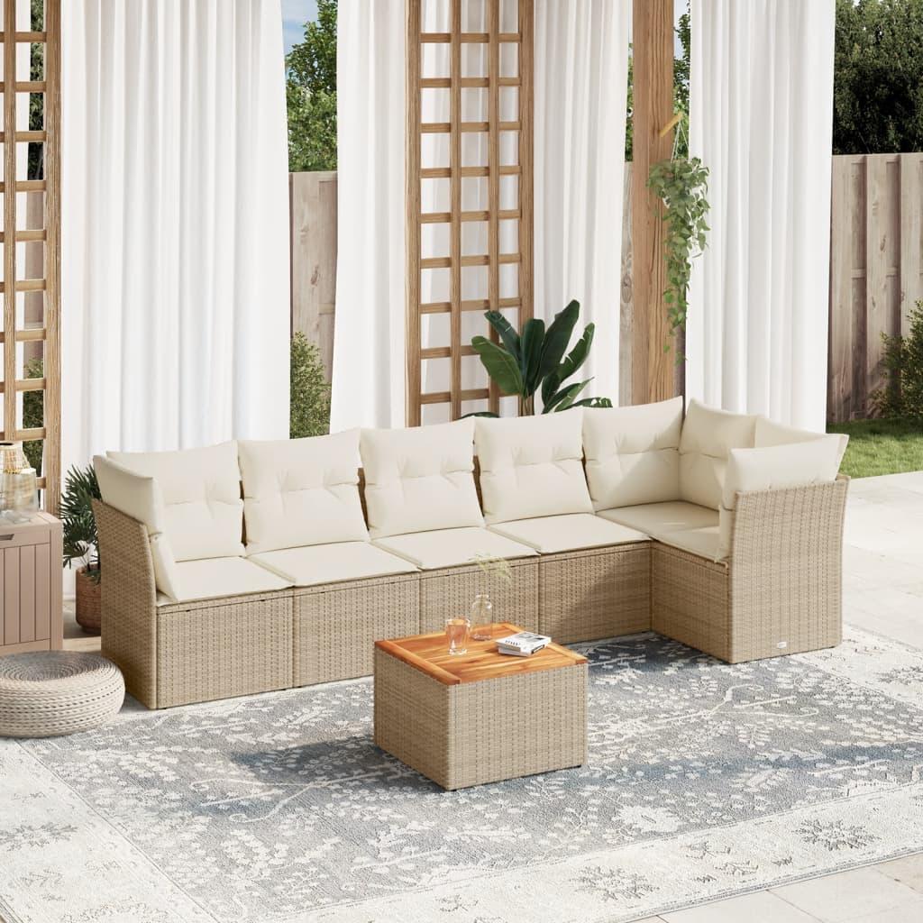 Havesofasæt i polyrattan, 7 dele med hynder - beige