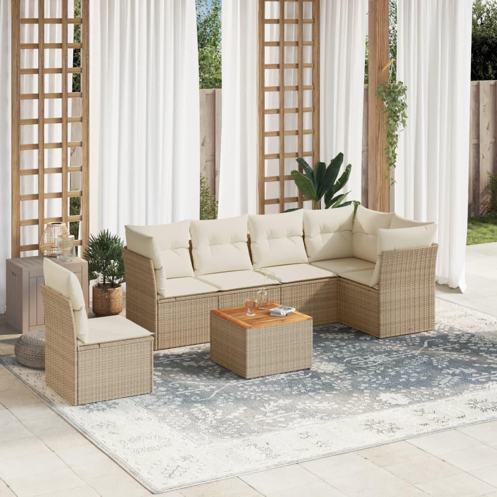 Sofasæt til haven i polyrattan - 7 dele med hynder og opbevaring, beige