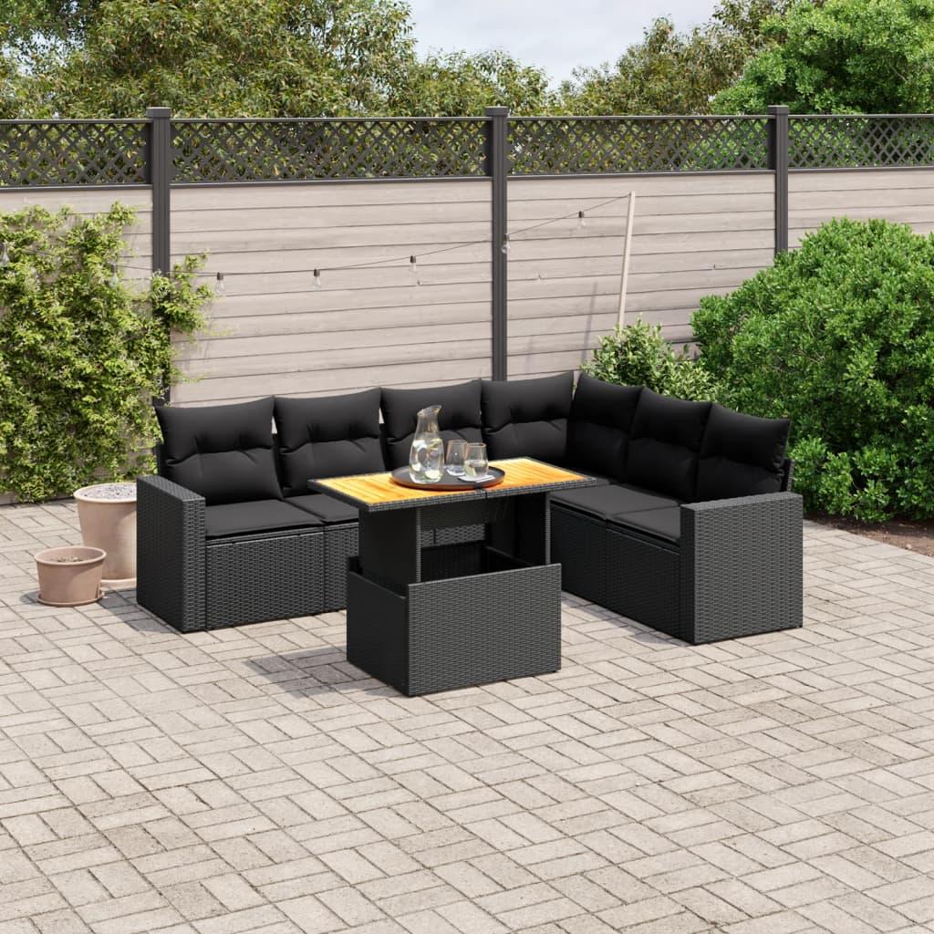 Sofasæt til haven i polyrattan - 7 dele med hynder, sort