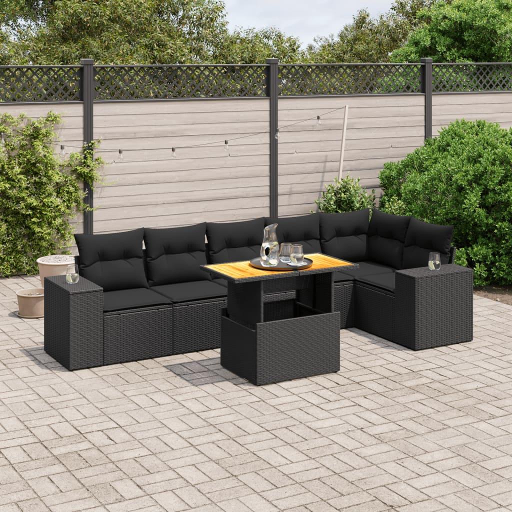 Sofasæt til haven i polyrattan - 7 dele med hynder, sort