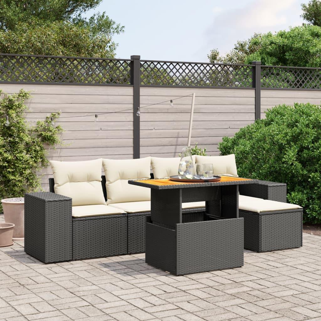 Havesofasæt i polyrattan - 6 dele med hynder, sort
