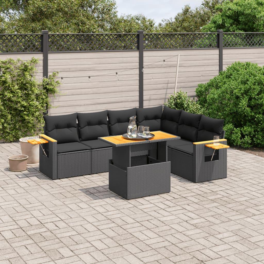 Sofasæt til haven - 7 dele med hynder i polyrattan, sort