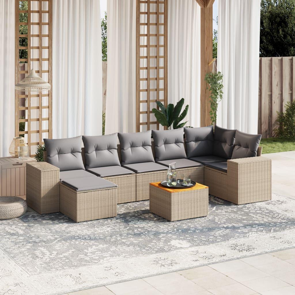 Havesofasæt i polyrattan, 8 dele med hynder - beige