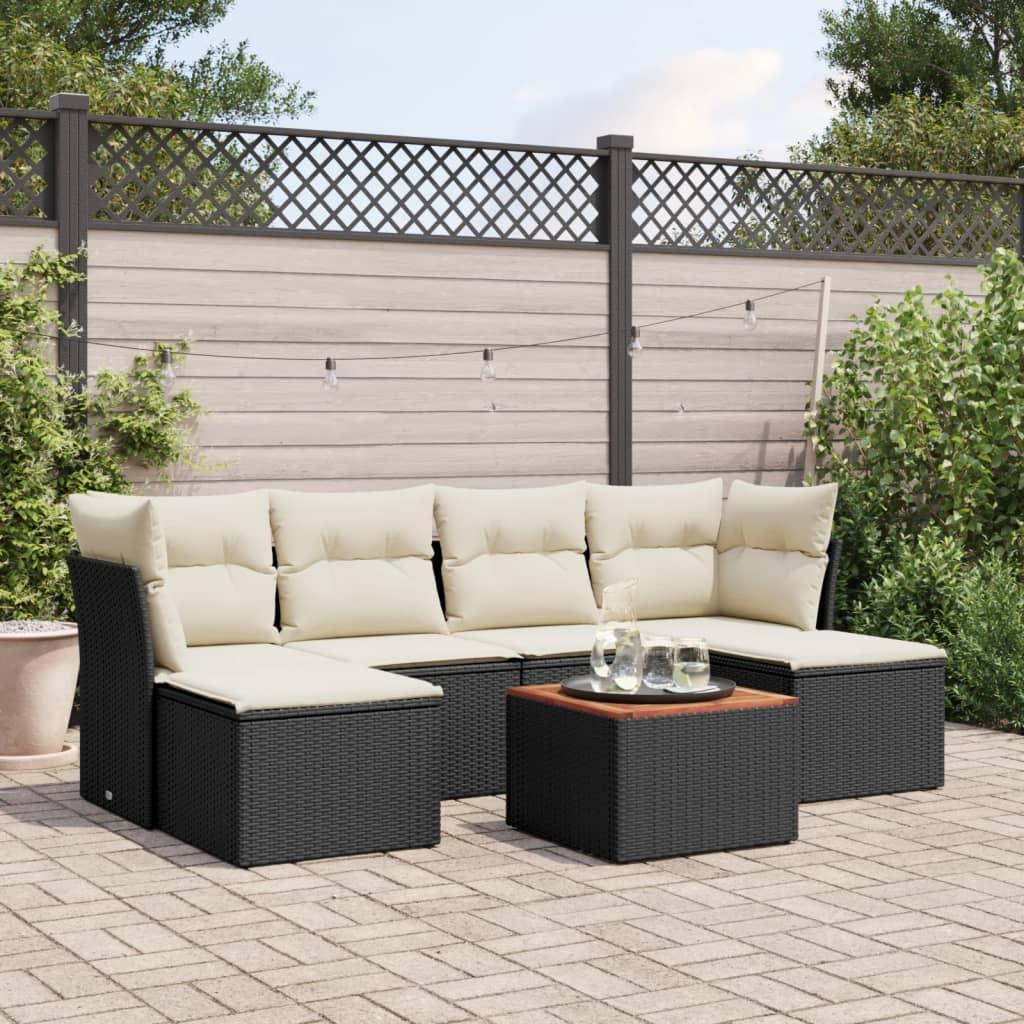 Sofasæt til haven i polyrattan - 7 dele med hynder, sort