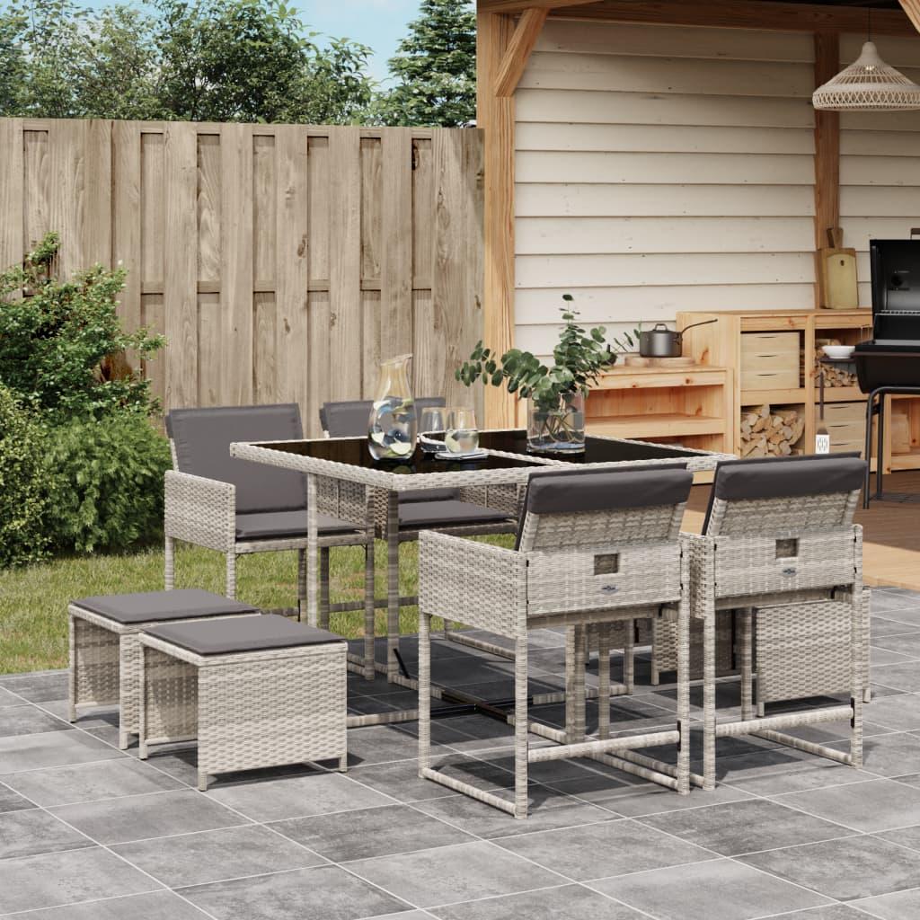 Spisebordssæt Til Haven 9 Dele Med Hynder Polyrattan Beige - 8 / Lysegrå / Glas