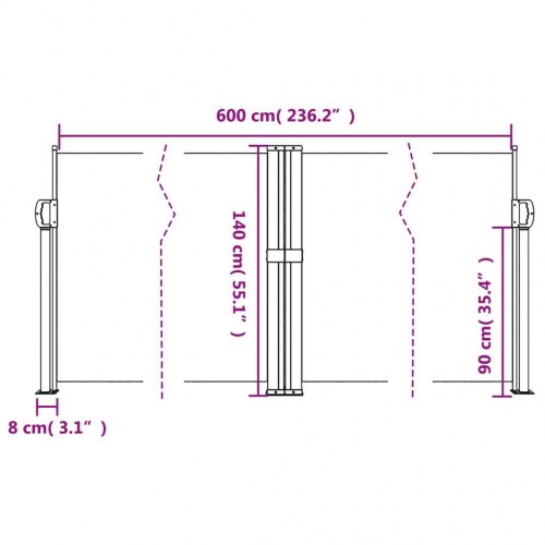 Sammenrullelig sidemarkise 140x600 cm sort