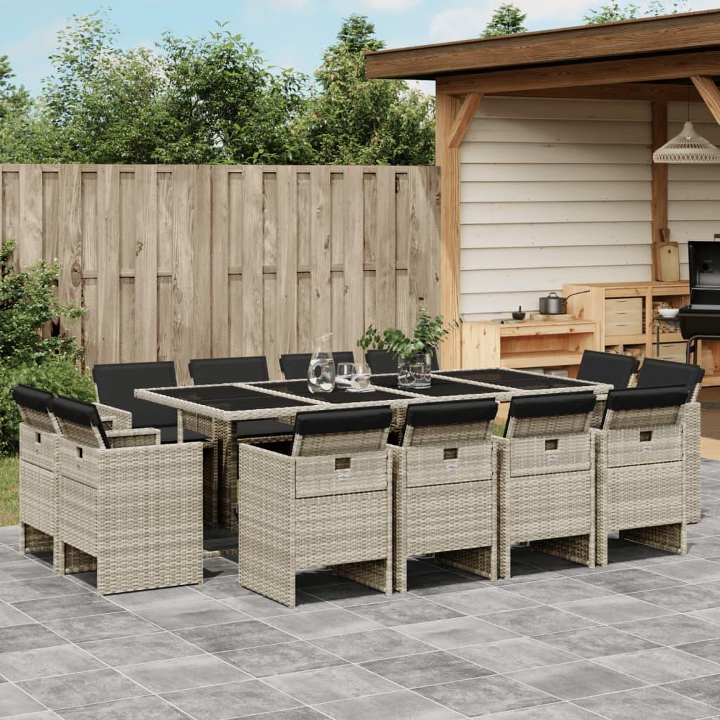 Spisebordssæt Til Haven 13 Dele Med Hynder Polyrattan Beige - 12 / Lysegrå / Glas