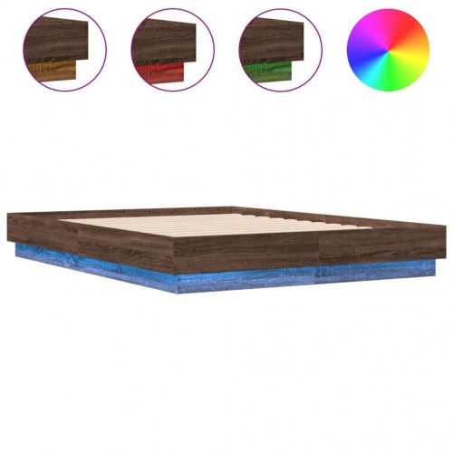 Sengeramme med LED-lys 135x190 cm brun egetræsfarve