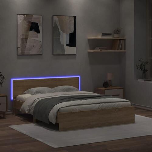 Sengeramme med sengegavl og LED-lys 150x200 cm sonoma-eg