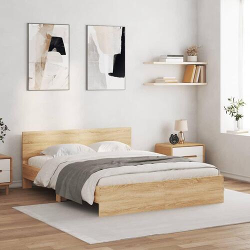 Sengeramme med sengegavl og LED-lys 150x200 cm sonoma-eg