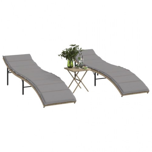 Liggestole sæt med bord i polyrattan - beige, 2 stk. med hynder