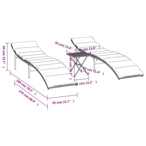 Liggestole 2 stk. med bord polyrattan sort