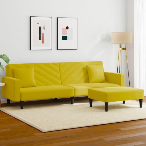 Sofasæt 2 dele med sovesofa, fodskammel og puder i velour gul