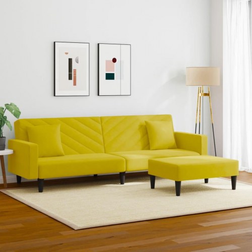 Sofasæt 2 dele med sovesofa, fodskammel og puder i velour gul