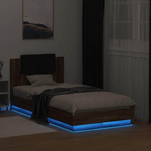Sengestel med hovedgærde og LED - brunt eg, 90 x 190 cm