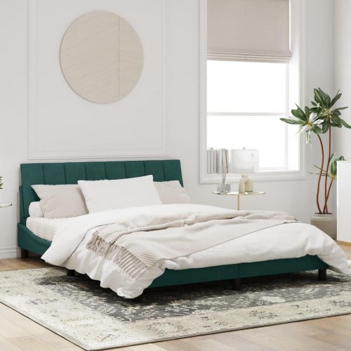 Sengeramme med LED Hanko 160 x 200 cm i mørkegrøn velour