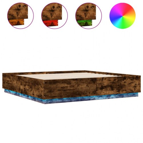 Sengeramme med LED-lys 200 x 200 cm - røget egetræ