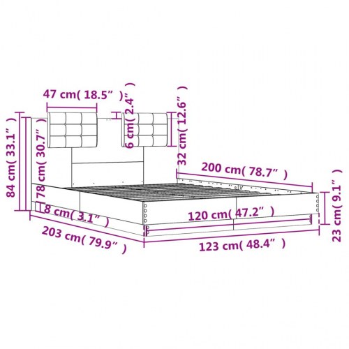Sengeramme med sengegavl 120x200 cm konstrueret træ betongrå