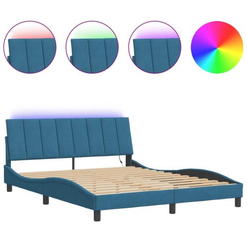 Sengeramme med LED Hanko 160 x 200 cm - blå velour