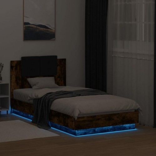 Sengeramme med sengegavl og LED-lys 90 x 190 cm - røget egetræ