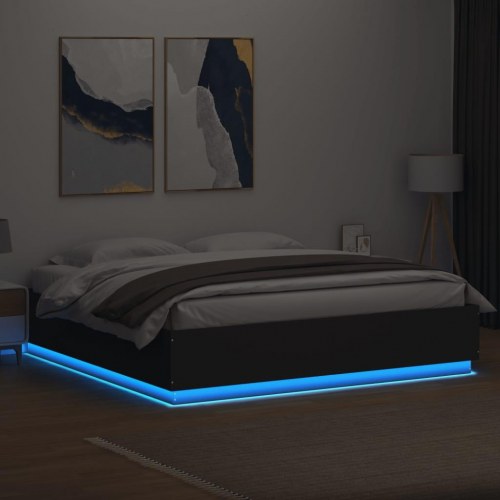 Sengeramme med LED-lys 200x200 cm - konstrueret træ, sort