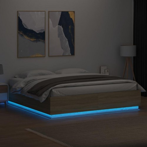 Sengeramme med LED-lys 180x200 cm konstrueret træ sonoma-eg