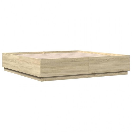Sengeramme med LED-lys 180x200 cm konstrueret træ sonoma-eg