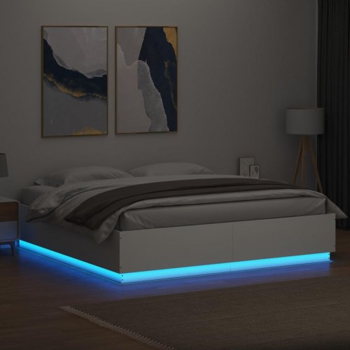 Sengeramme med LED-lys 180x200 cm konstrueret træ hvid