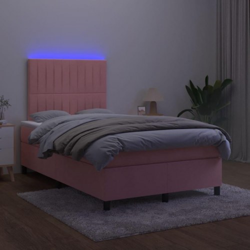 Kontinentalseng med madras og LED-lys 120x190 cm - fløjl, lyserød