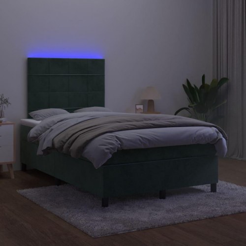 Kontinentalseng med madras og LED-lys 120×190 cm - fløjl, mørkegrøn