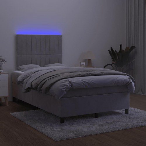 Kontinentalseng med madras og LED-lys 120x190 cm - fløjl, lysegrå