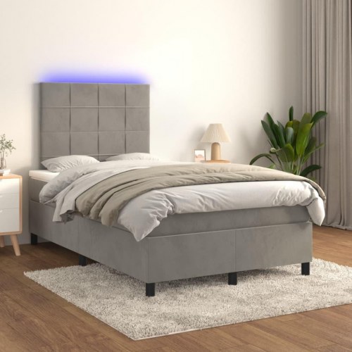 Kontinentalseng med madras og LED-lys 120×190 cm - fløjl, lysegrå
