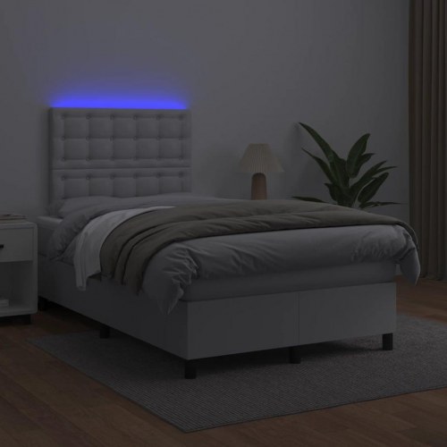 Kontinentalseng med madras og LED-lys 120×190 cm - kunstlæder, hvid
