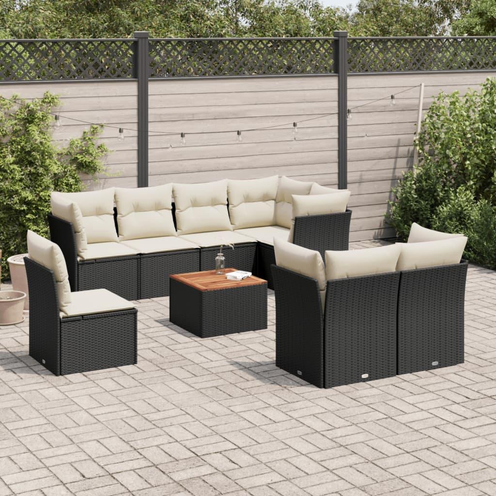 Sofasæt Til Haven 9 Dele Med Hynder Polyrattan - Sort og cremefarvet / 3x midterdel 5x hjørnedel bord