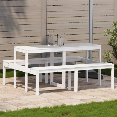 Picnicbord med bænke i massivt fyrretræ 160 x 134 x 75 cm - hvid