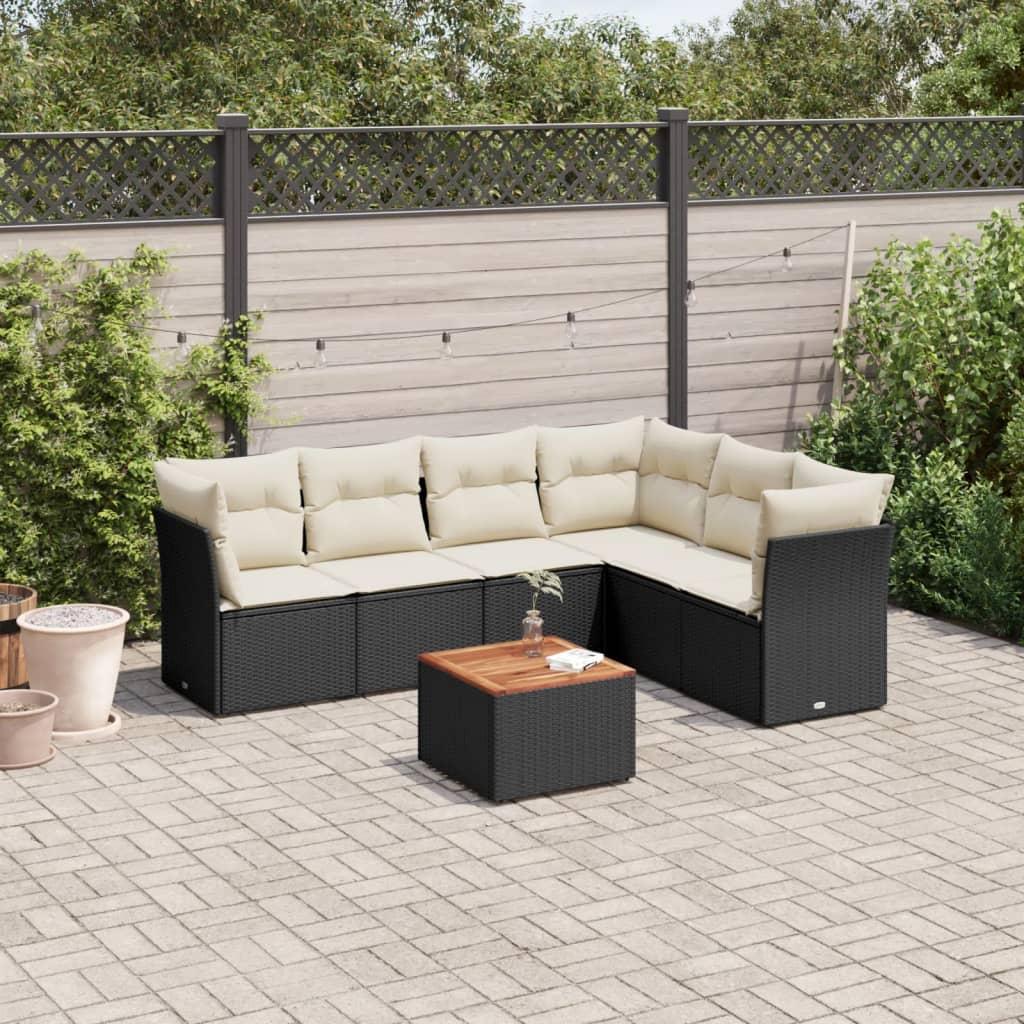 Sofasæt Til Haven 7 Dele Med Hynder Polyrattan - Sort og cremefarvet / 3x midterdel 3x hjørnedel bord