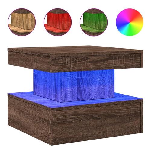 Sofabord med LED-lys 50x50x40 cm brun egetræ