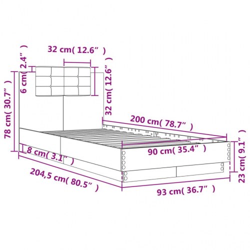 Sengeramme med sengegavl 90 x 200 cm - betongrå
