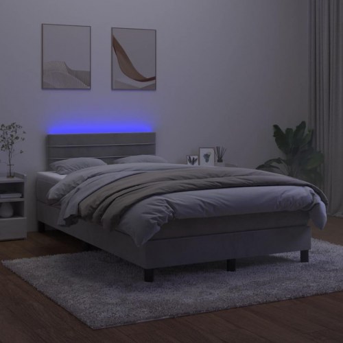 Kontinentalseng med madras og LED-lys 120×190 cm - fløjl, lysegrå