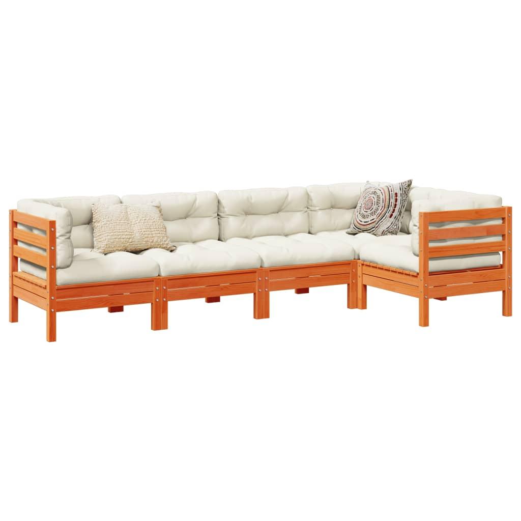 Loungesæt Til Haven 5 Dele Med Hynder Massivt Fyr - Gyldenbrun