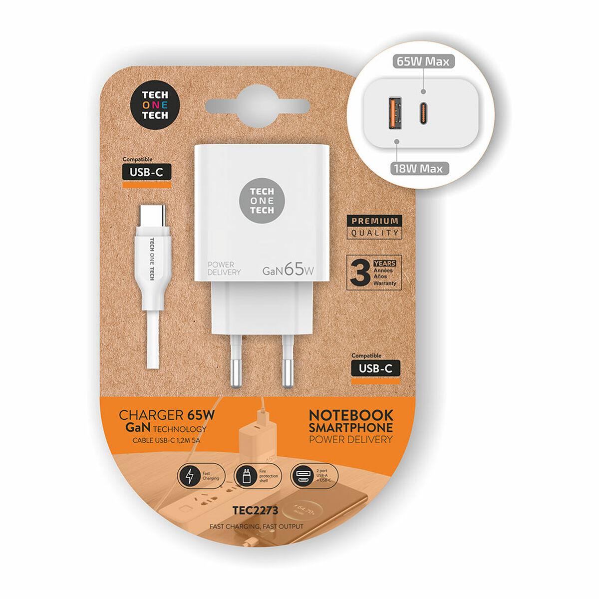Vægoplader Usb C Kabel Tech One Tech Tec2273 Hvid 65 W